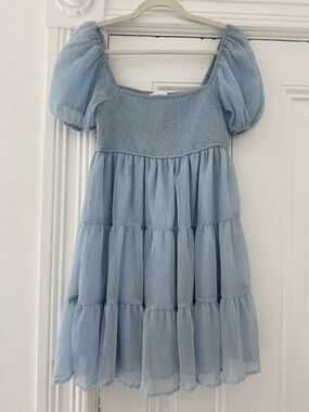 Altar'd State Powder Blue Puff Sleeve Tiered Mini Dress